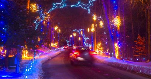 A festive winter scene with colorful holiday lights illuminating a snowy road and trees, creating a magical atmosphere.