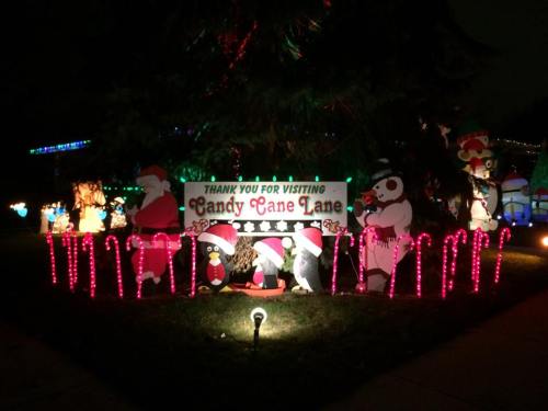 Colorful holiday decorations featuring Santa, penguins, and candy canes, with a sign reading "Thank You for Visiting Candy Cane Lane."