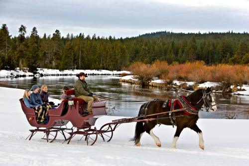 A horse-drawn sleigh carries three people through a snowy landscape by a river, surrounded by trees and winter scenery.