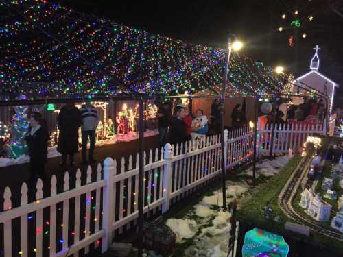 A festive display of colorful lights and decorations, with people admiring the holiday scene at night.