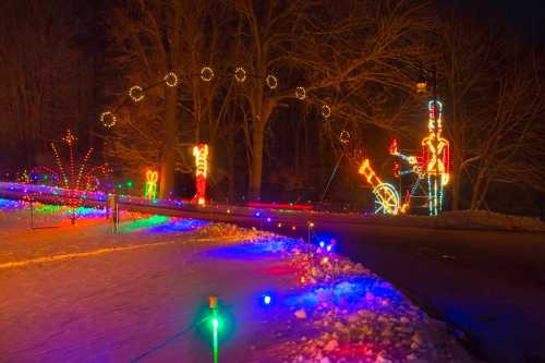 Colorful holiday lights illuminate a snowy landscape, featuring festive decorations and a toy soldier figure.