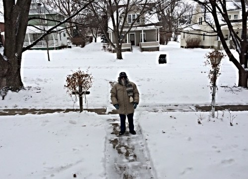 A person in winter clothing stands on a snowy sidewalk, surrounded by snow-covered houses and trees.