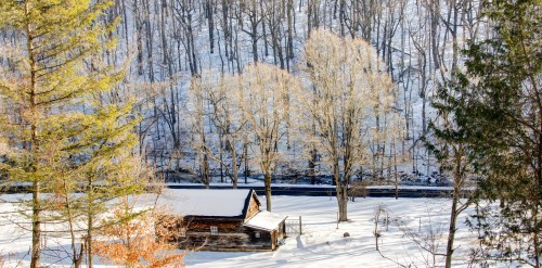 A rustic cabin surrounded by snow-covered trees and a serene winter landscape.