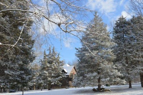 A snowy landscape featuring evergreen trees and a cozy house under a blue sky with scattered clouds.
