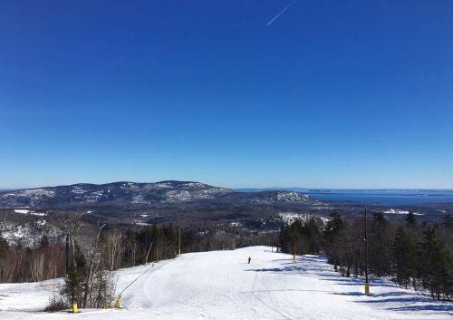A snowy ski slope with a clear blue sky, surrounded by mountains and trees in the distance.