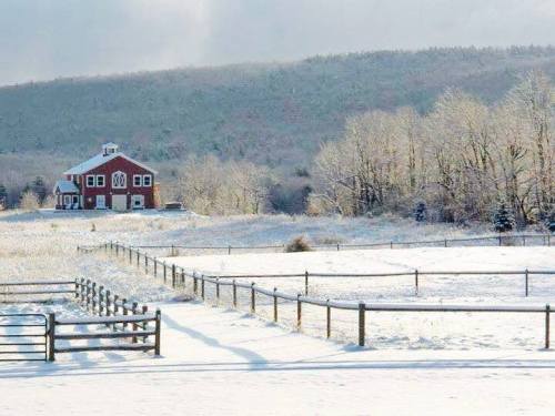 A red barn surrounded by a snowy landscape, with frosted trees and a distant mountain under a cloudy sky.