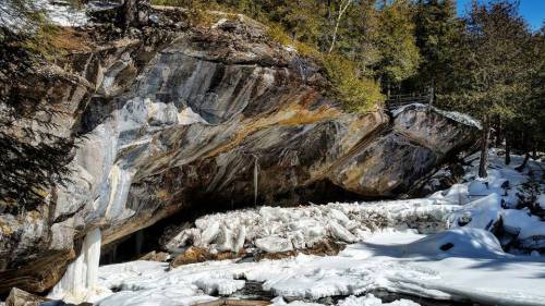 A rocky cliff with ice formations and snow, surrounded by trees under a clear blue sky.