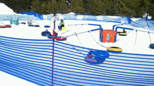 A snow tubing area with colorful tubes, surrounded by blue fencing and trees in the background.