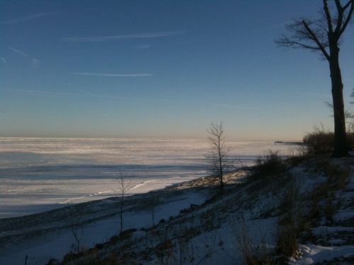 A serene winter landscape featuring a frozen lake, snow-covered shore, and clear blue sky.