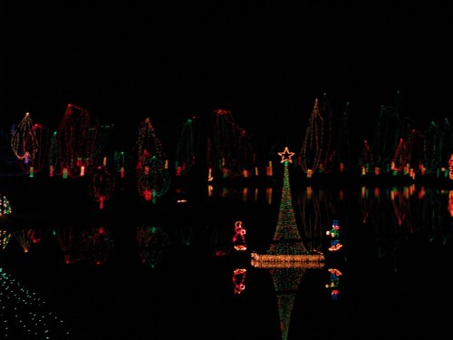 Colorful Christmas lights illuminate trees and a star-topped tree, reflecting on a dark water surface.