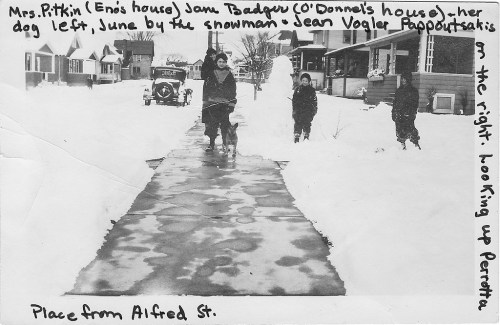 A snowy street scene with children and a dog, featuring houses and a snowman, labeled with names and location details.