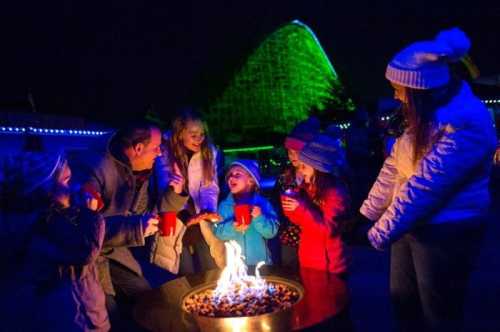 A group of people gathered around a fire pit at night, enjoying drinks and laughter, with a lit roller coaster in the background.