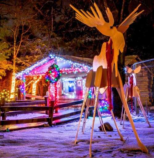 A festive scene featuring illuminated reindeer and a decorated cabin surrounded by snow and colorful holiday lights.