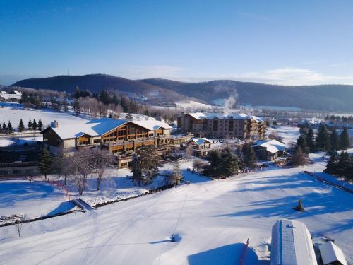 A snowy landscape featuring a ski resort with buildings, trees, and mountains under a clear blue sky.