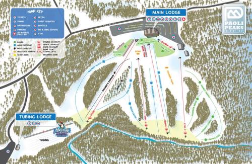 Map of Paoli Peaks ski resort, showing trails, lodges, and facilities for skiing and tubing activities.