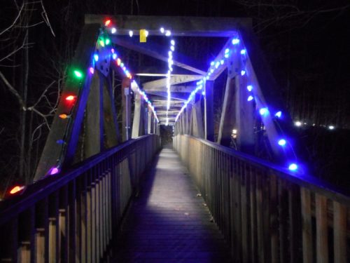 A wooden bridge illuminated with colorful lights, leading into a dark, wooded area at night.