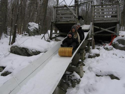 Three people slide down a snowy hill on a wooden sled, surrounded by trees and rocks.