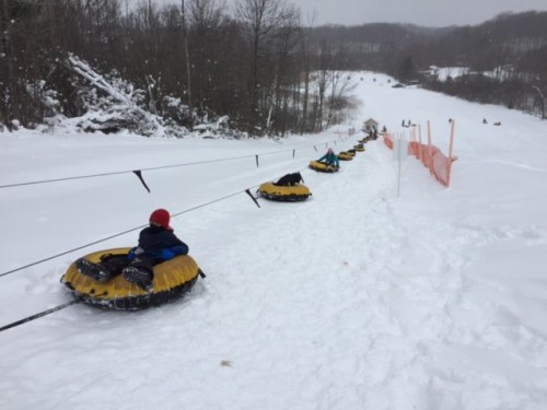A snowy hill with people tubing down, using inflatable tubes, surrounded by trees and a safety fence.