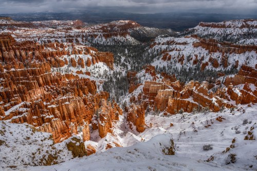 A snowy landscape of Bryce Canyon, showcasing red rock formations and pine trees under a cloudy sky.