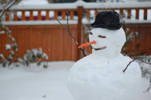 A snowman with a black hat and a carrot nose stands in a snowy yard, surrounded by a wooden fence and falling snow.