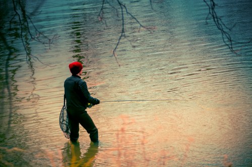 A person in a red hat stands in shallow water, fishing with a rod, surrounded by a tranquil, reflective landscape.