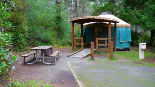 A yurt surrounded by trees, with a wooden deck and a picnic table nearby in a serene outdoor setting.