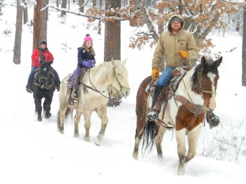 Three people riding horses through a snowy forest, with trees and snow-covered ground in the background.