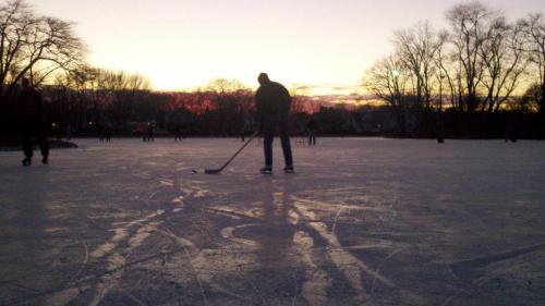 A silhouette of a person skating on an ice rink at sunset, with trees in the background and other skaters nearby.