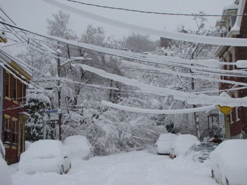 Snow-covered street with buried cars and trees, power lines sagging under the weight of heavy snow.