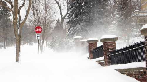 A snowy street scene with a stop sign, snowdrifts, and trees, creating a wintry atmosphere.