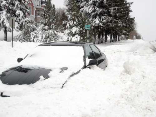 A black car is partially buried in deep snow, surrounded by snow-covered trees and a street sign in a winter scene.