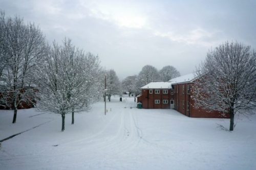A snowy landscape featuring trees and red brick buildings under a cloudy sky, with footprints in the snow.