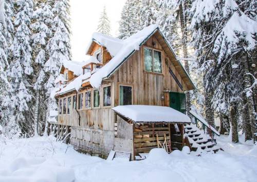 A cozy wooden cabin surrounded by snow-covered trees in a winter landscape.
