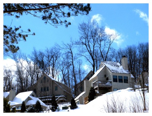 Snow-covered landscape with modern houses nestled among bare trees under a bright blue sky.