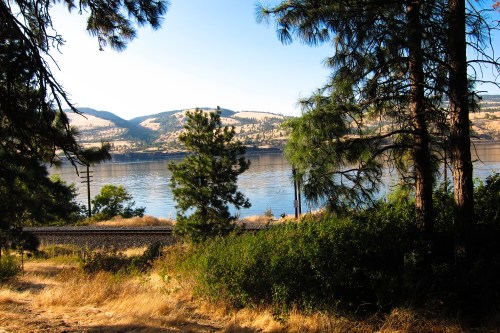 A serene view of a river surrounded by trees and hills, with a clear blue sky above.