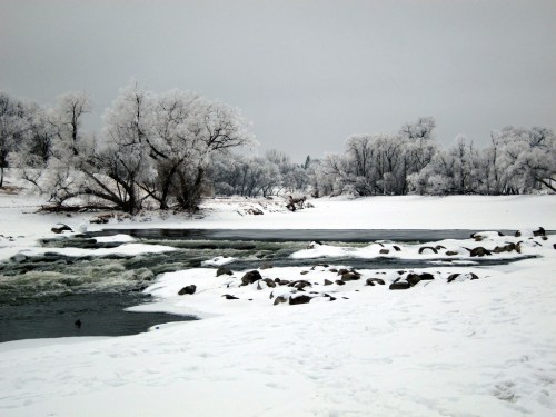 A snowy landscape with a river flowing through, surrounded by frosted trees and a cloudy sky.