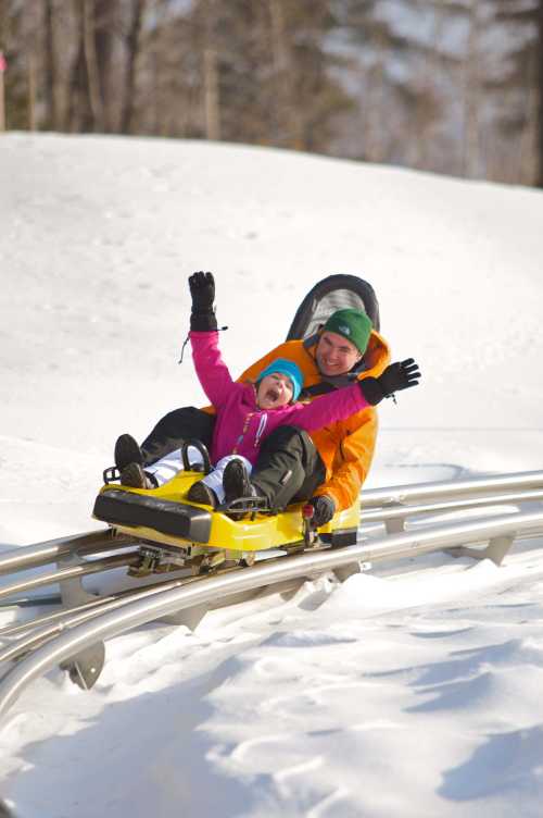 A child and adult joyfully ride a yellow sled down a snowy track, both smiling and raising their arms in excitement.