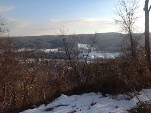 A winter landscape with snow-covered hills and bare trees under a clear sky.