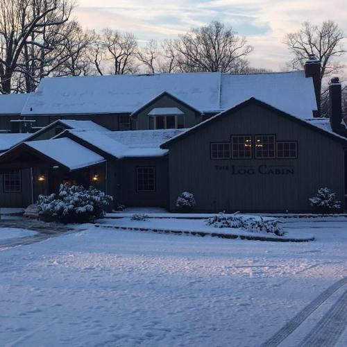 A snowy landscape featuring a log cabin surrounded by trees and a cloudy sky.