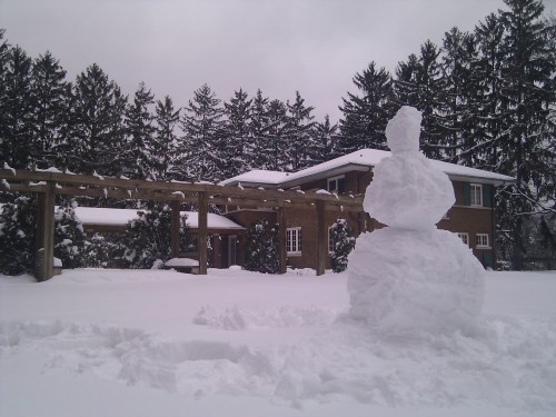 A large snowman stands in a snowy yard, with a house and trees in the background under a cloudy sky.
