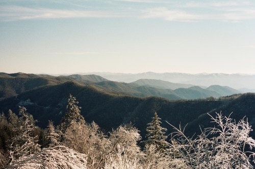 Snow-covered mountains stretch into the distance under a clear blue sky, with frosted trees in the foreground.