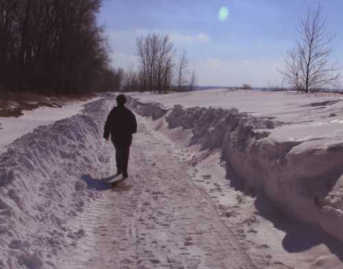 A person walks along a snowy path bordered by high snowbanks under a clear blue sky.