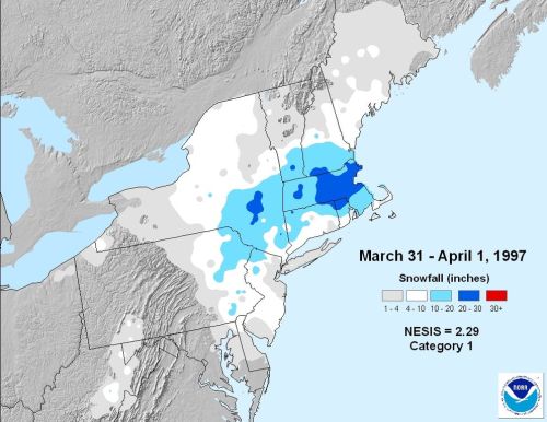 Map showing snowfall accumulation in the Northeast U.S. from March 31 to April 1, 1997, with varying shades of blue.