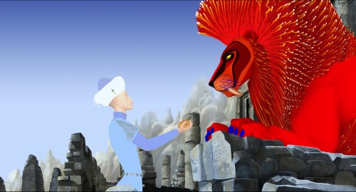 A young man in blue clothing interacts with a large, red lion with fiery mane against a backdrop of ancient ruins.