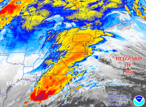 Satellite image showing the Blizzard of 1996, with colorful weather patterns across the eastern United States.