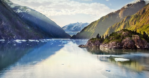 Chunks of ice float in the water within the Tracy Arm Fjord in Alaska.