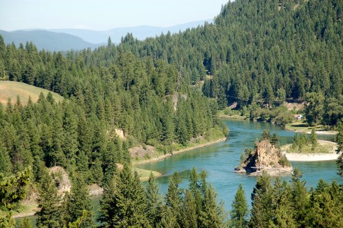 A serene river winding through lush green forests and mountains under a clear blue sky.