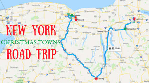 Map showing a road trip route through New York's Christmas towns, highlighting key locations and distances.