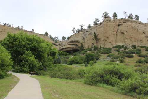 A winding path leads through lush greenery towards a large rock formation and cliff with trees above.