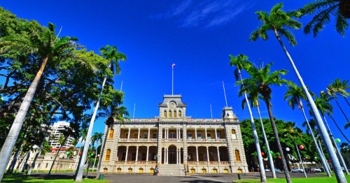 Historic building surrounded by palm trees under a clear blue sky, showcasing classic architecture and vibrant greenery.